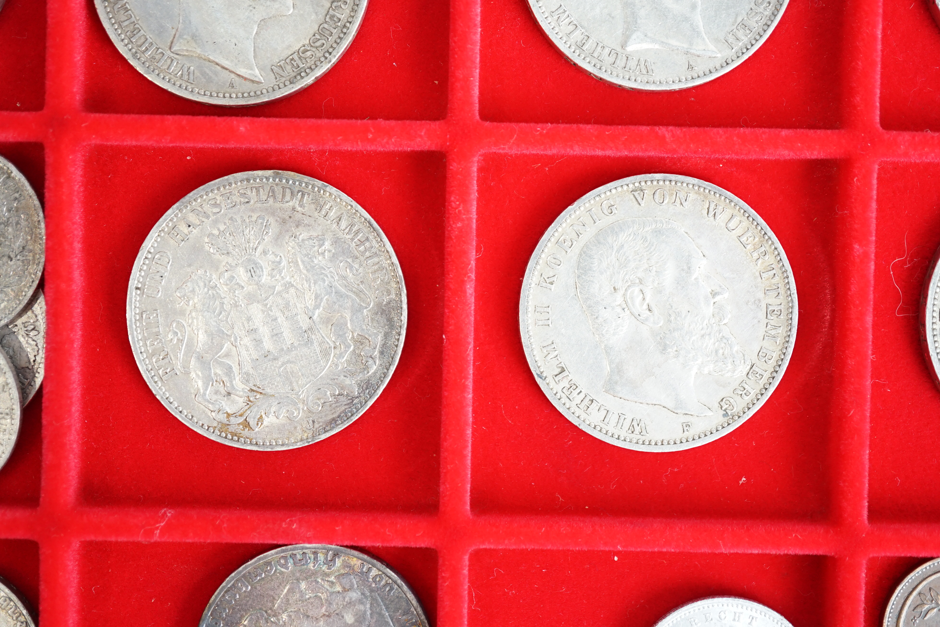 German states, silver coins, including Kingdom of Prussia, 3 mark coins, 1908A, VF, two 1909A, VF, 1910A, VF, Kingdom of Württemberg 3 mark coins, two 1912F, VF, 1914F, good VF, Grand Duchy of Baden, 3 mark, 1914G, VF, f